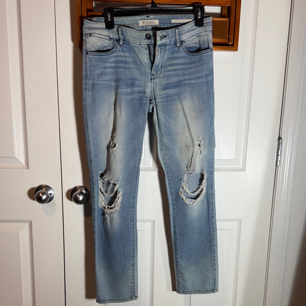 Guess Los Angeles Pencil Skinny Mid Light Blue Distressed Jeans